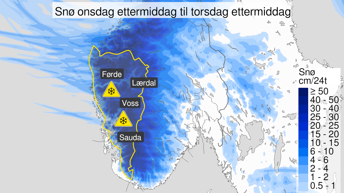 Kart over Snø, gult nivå, Deler av Vestlandet Sør for Stad, 2024-01-31T13:00:00+00:00, 2024-02-01T13:00:00+00:00