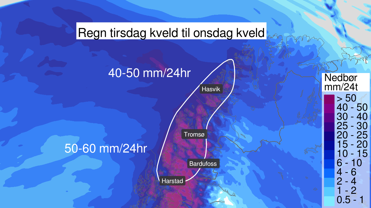Heavy rain, yellow level, Troms and Kyst- and Fjordstroekene i Vest-Finnmark, 03 December 18:00 UTC to 04 December 20:00 UTC.