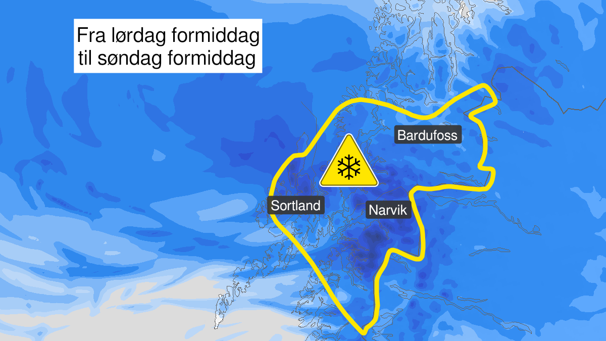 Kart over Snø, gult nivå, Sør-Troms og nordlige deler av Nordland, 2023-04-29T09:00:00+00:00, 2023-04-30T09:00:00+00:00