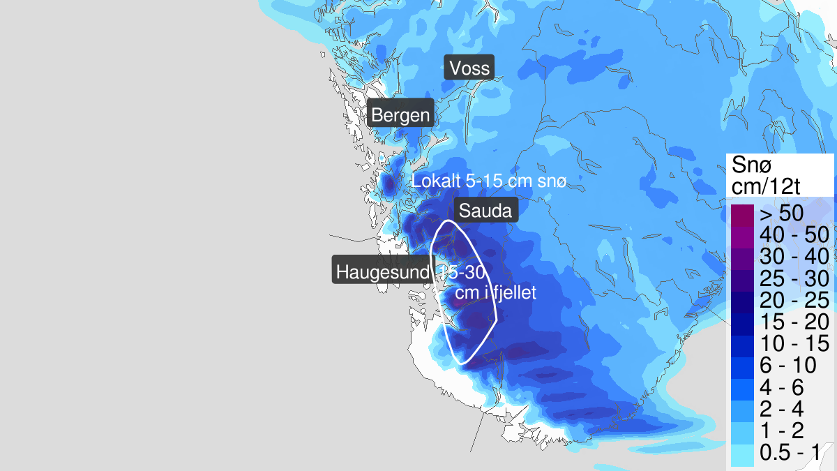 Mye snø pågår, gult nivå, Rogaland og Sunnhordland, 03 February 13:00 UTC til 04 February 06:00 UTC.