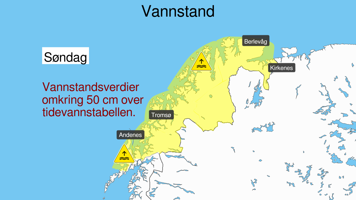 Høy vannstand, gult nivå, Vesterålen og Troms og Vest-Finnmark med Vidda og Kyst- og fjordstrøkene i Øst-Finnmark, 12 January 11:00 UTC til 12 January 18:00 UTC.