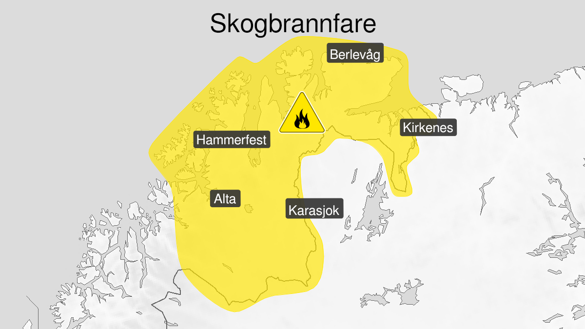 Map over Forest fire danger expected, yellow level, Finnmark and parts of Northern Troms, 2022-06-27T10:00:00+00:00, 2022-07-03T12:00:00+00:00