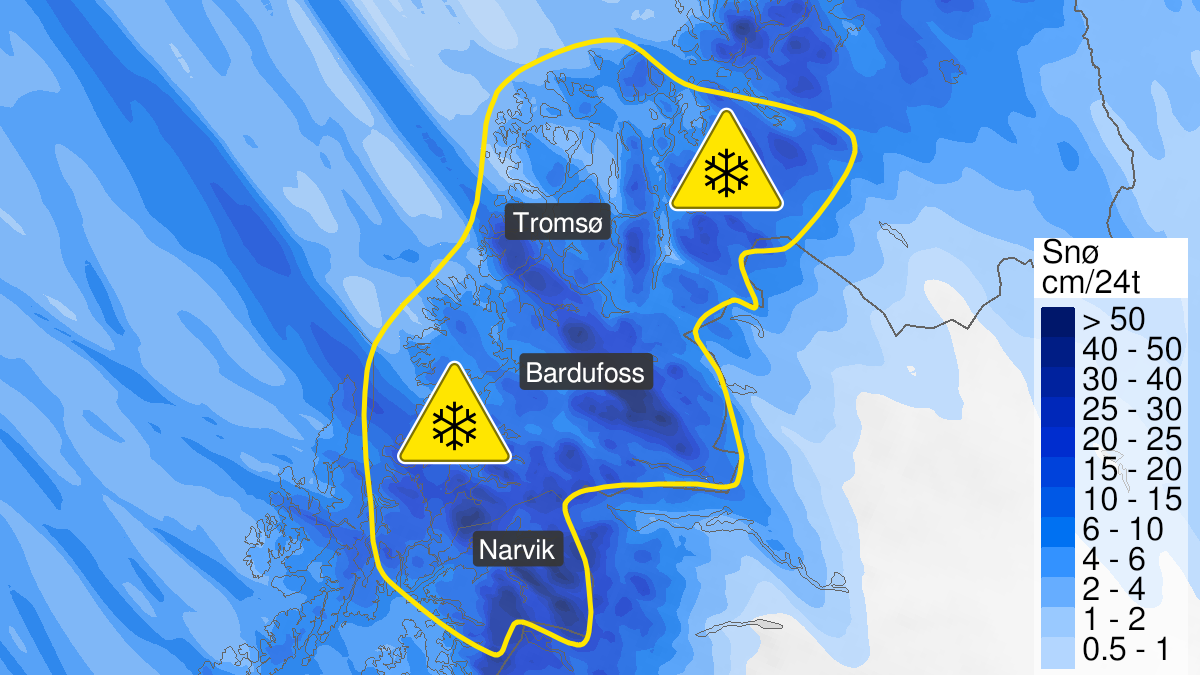 Kart over snø, gult nivå, Ofoten og Troms, 19 January 14:00 UTC til 20 January 23:00 UTC.