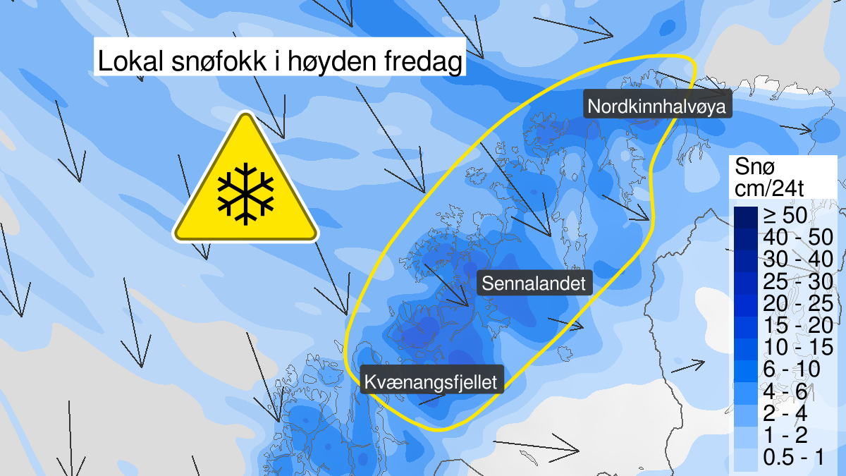 Map over Blowing snow, yellow level, higher altitude areas of NE Troms and W Finnmark, 2023-11-10T03:00:00+00:00, 2023-11-11T05:00:00+00:00