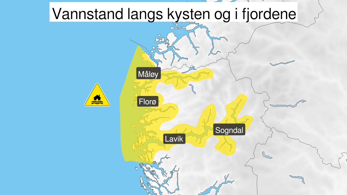 Kart over Høy vannstand, gult nivå, Kyst- og fjordstrøk i Sogn og Fjordane, 2024-01-27T09:00:00+00:00, 2024-01-27T14:00:00+00:00