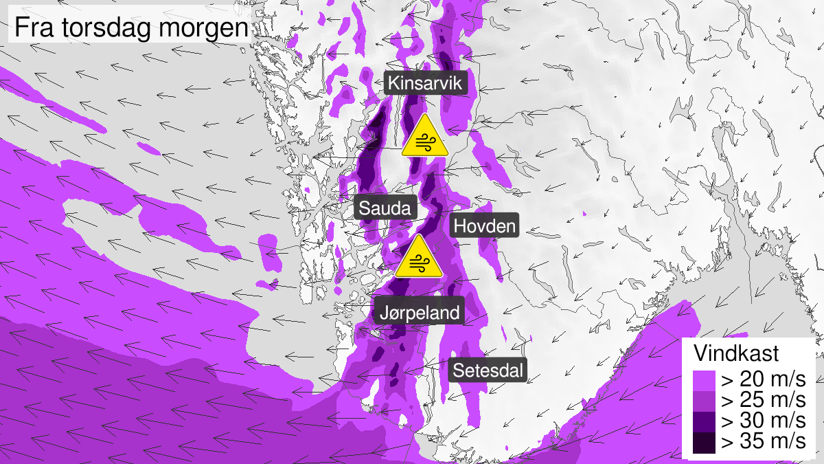 Map over Strong wind gusts, yellow level, Inner areas of Hordaland, Rogaland and Agder, 2023-10-19T06:00:00+00:00, 2023-10-20T13:00:00+00:00