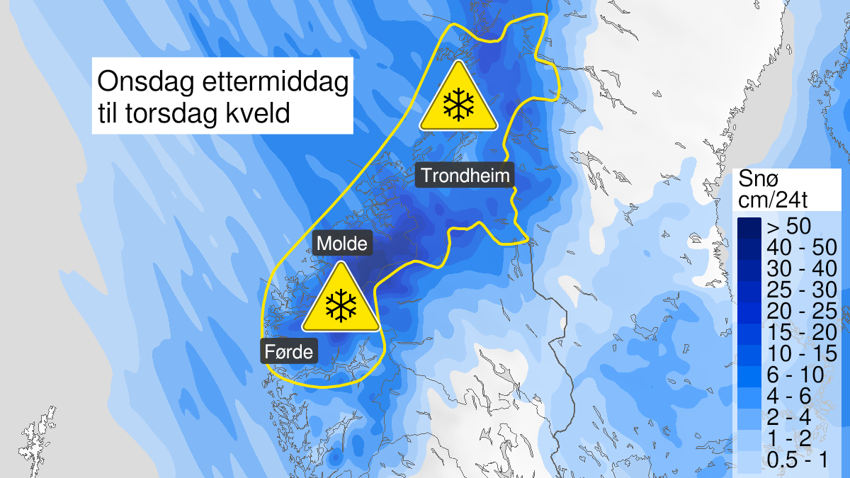 Kart over snø, gult nivå, Sogn og Fjordane, Møre og Romsdal og Trøndelag, 19 January 12:00 UTC til 20 January 18:00 UTC.