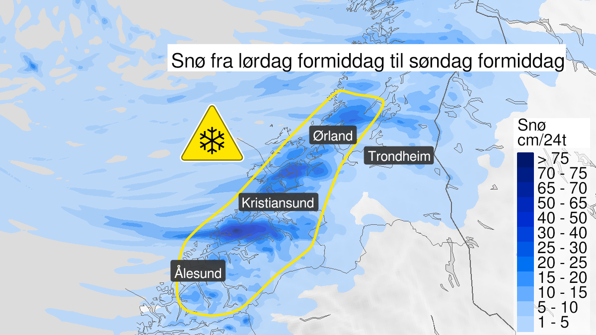 Kart over snø, gult nivå, Møre og Romsdal og Trøndelag, 19 February 09:00 UTC til 20 February 12:00 UTC.