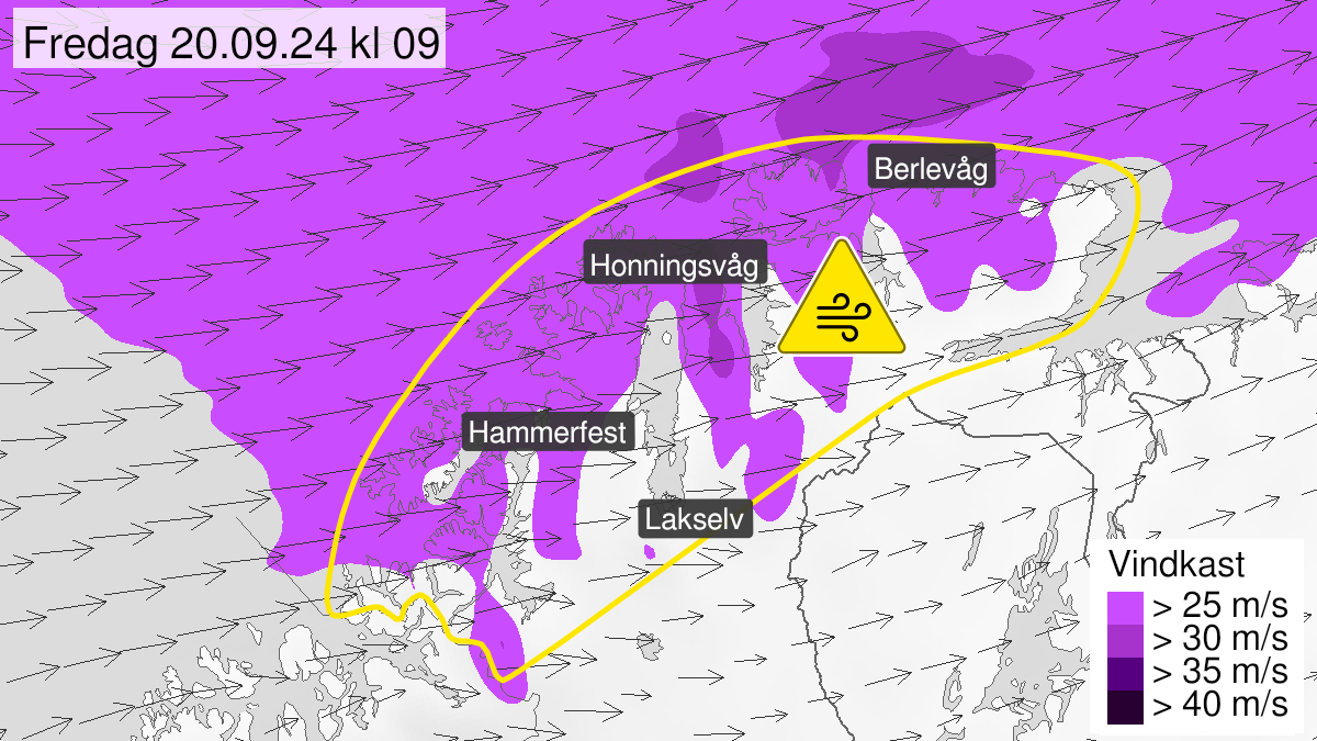 Map over Strong wind gusts, yellow level, Coastal- and fjord areas in Finnmark, 2024-09-19T15:00:00+00:00, 2024-09-20T15:00:00+00:00