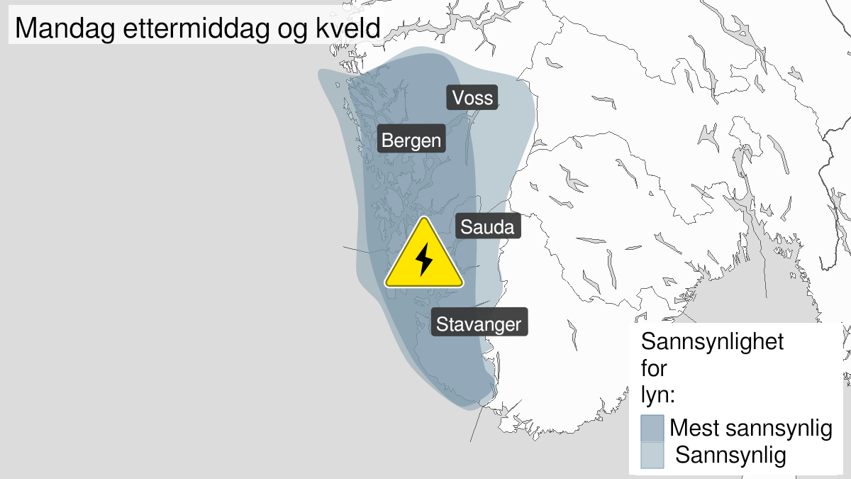 Kart over Mye lyn, gult nivå, Rogaland og Hordaland, 2023-06-26T09:00:00+00:00, 2023-06-26T22:00:00+00:00