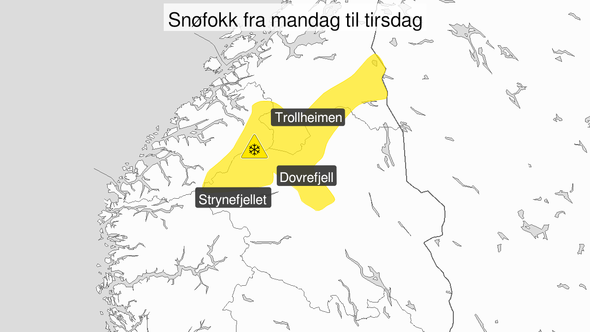 Map over Blowing snow, yellow level, North part of  mountain are in South Norway, 2024-01-01T12:00:00+00:00, 2024-01-02T12:00:00+00:00