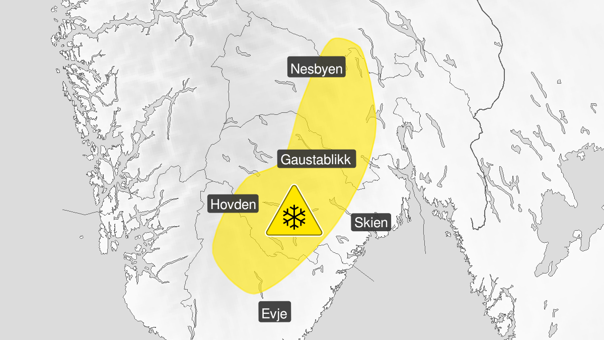 Kart over Snø, gult nivå, Deler av Agder og Østlandet, 2022-11-23T12:00:00+00:00, 2022-11-24T12:00:00+00:00