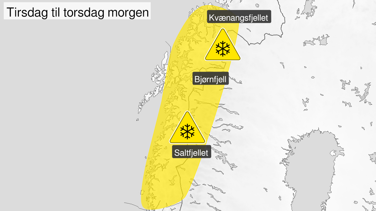 Map of snow, yellow level, Nordland and Troms, 12 October 06:00 UTC to 14 October 06:00 UTC.