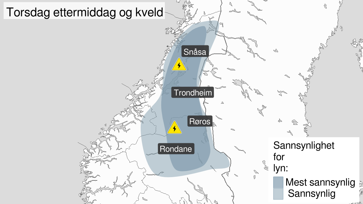 Kart over Mye lyn pågår, gult nivå, Deler av Trøndelag, Møre og Romsdal og Innlandet, 2023-07-27T11:00:00+00:00, 2023-07-27T20:00:00+00:00