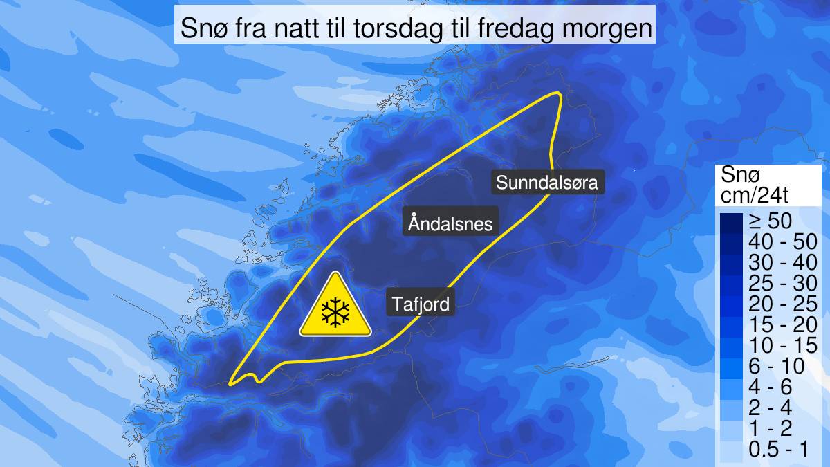 Map over Snow, yellow level, Inner areas in Møre og Romsdal og Trøndelag, 2023-11-22T23:00:00+00:00, 2023-11-24T06:00:00+00:00