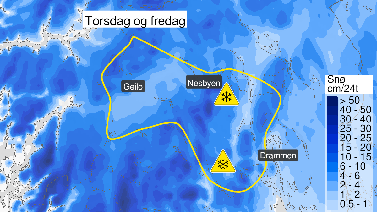 Map of snow, yellow level, Akershus and Buskerud, 02 December 23:00 UTC to 04 December 12:00 UTC.