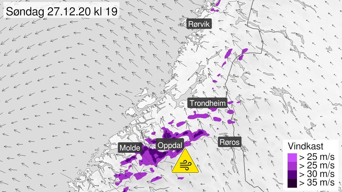 Map of strong wind gusts, yellow level, Moere and Romsdal and Soer-Troendelag, 27 December 15:00 UTC to 28 December 02:00 UTC.