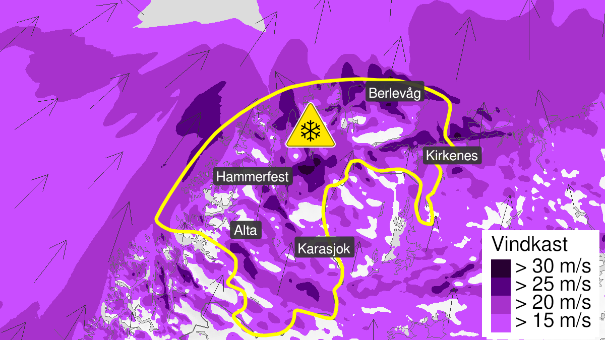 Kart over kraftig snøfokk, gult nivå, Finnmark, 26 February 23:00 UTC til 27 February 09:00 UTC.
