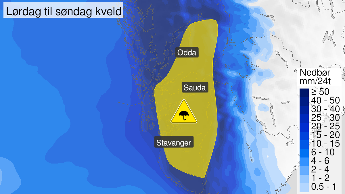 Map over Heavy rain, yellow level, Parts of Rogaland and Hordaland, 2023-12-16T22:00:00+00:00, 2023-12-17T22:00:00+00:00