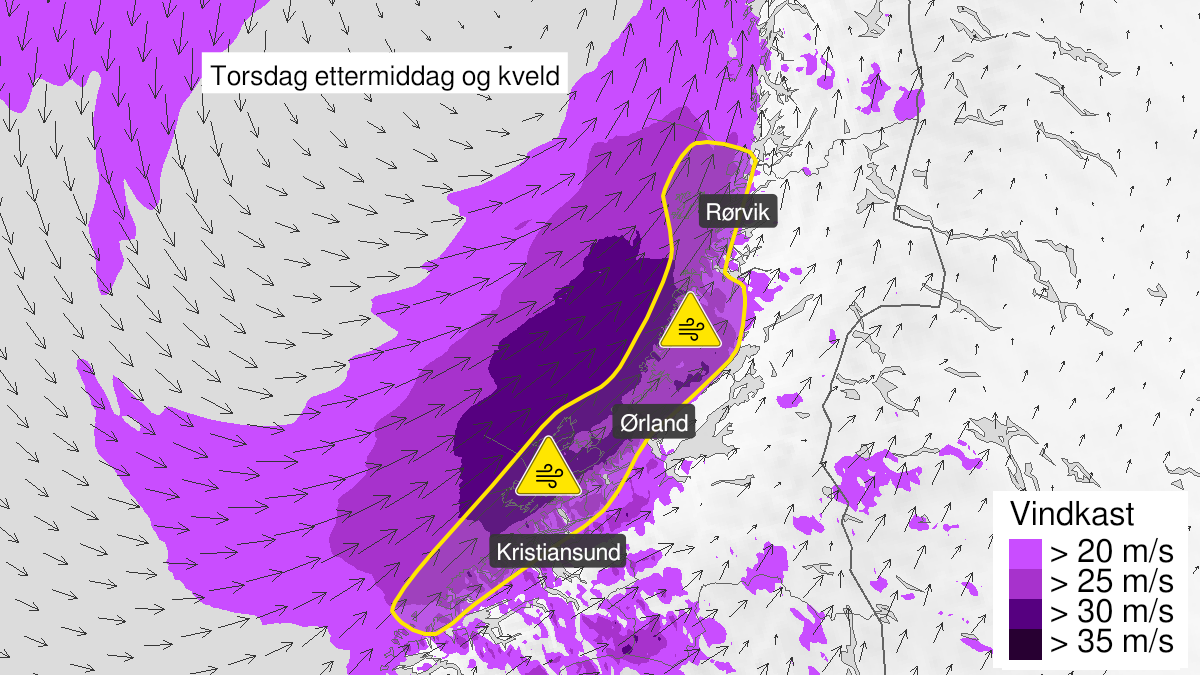 Kart over Kraftige vindkast, gult nivå, Deler av Møre og Romsdal og Trøndelag , 2024-03-14T13:00:00+00:00, 2024-03-14T22:00:00+00:00