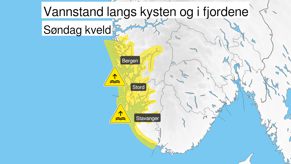 Kart over Høy vannstand pågår, gult nivå, Kyst- og fjordstrøk i Hordaland, 2024-04-07T21:00:00+00:00, 2024-04-07T23:00:00+00:00