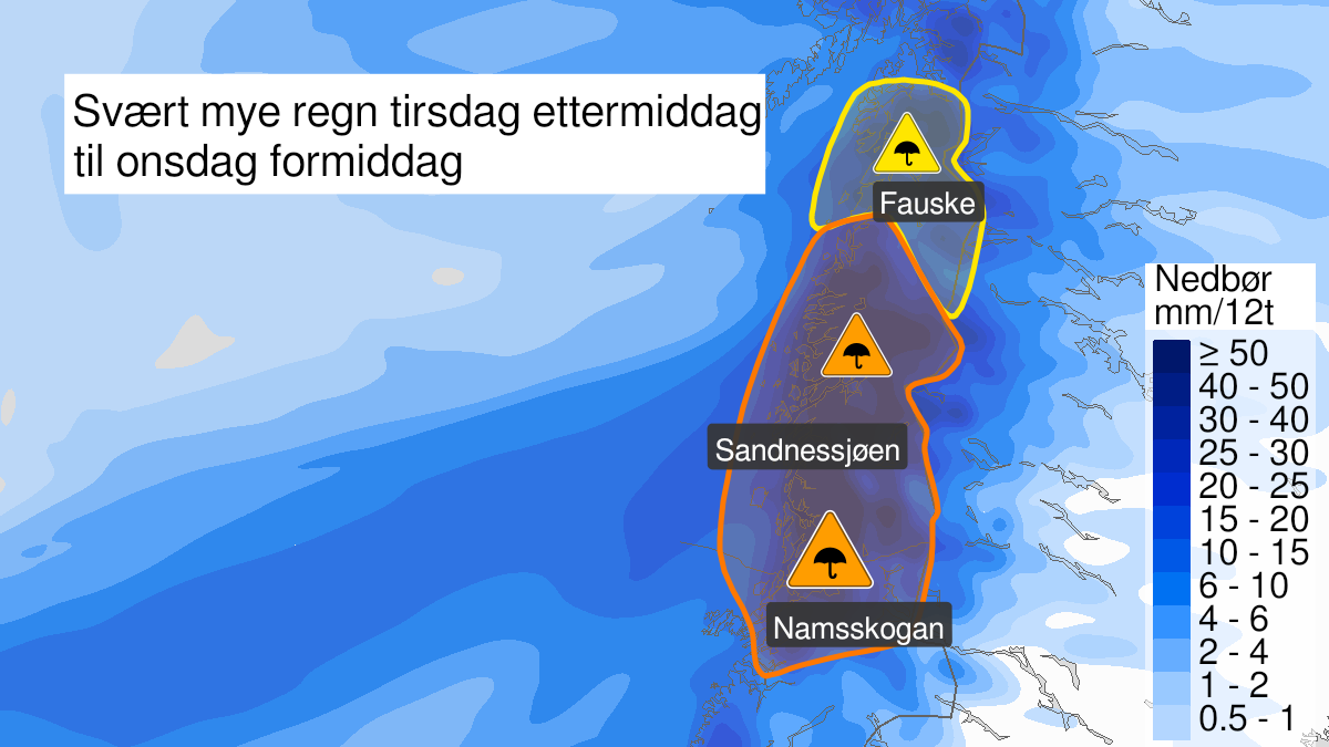 Kart over Svært mye regn, oransje nivå, Namdalen og Nordland sør for Saltfjorden, 2023-01-24T15:00:00+00:00, 2023-01-25T12:00:00+00:00