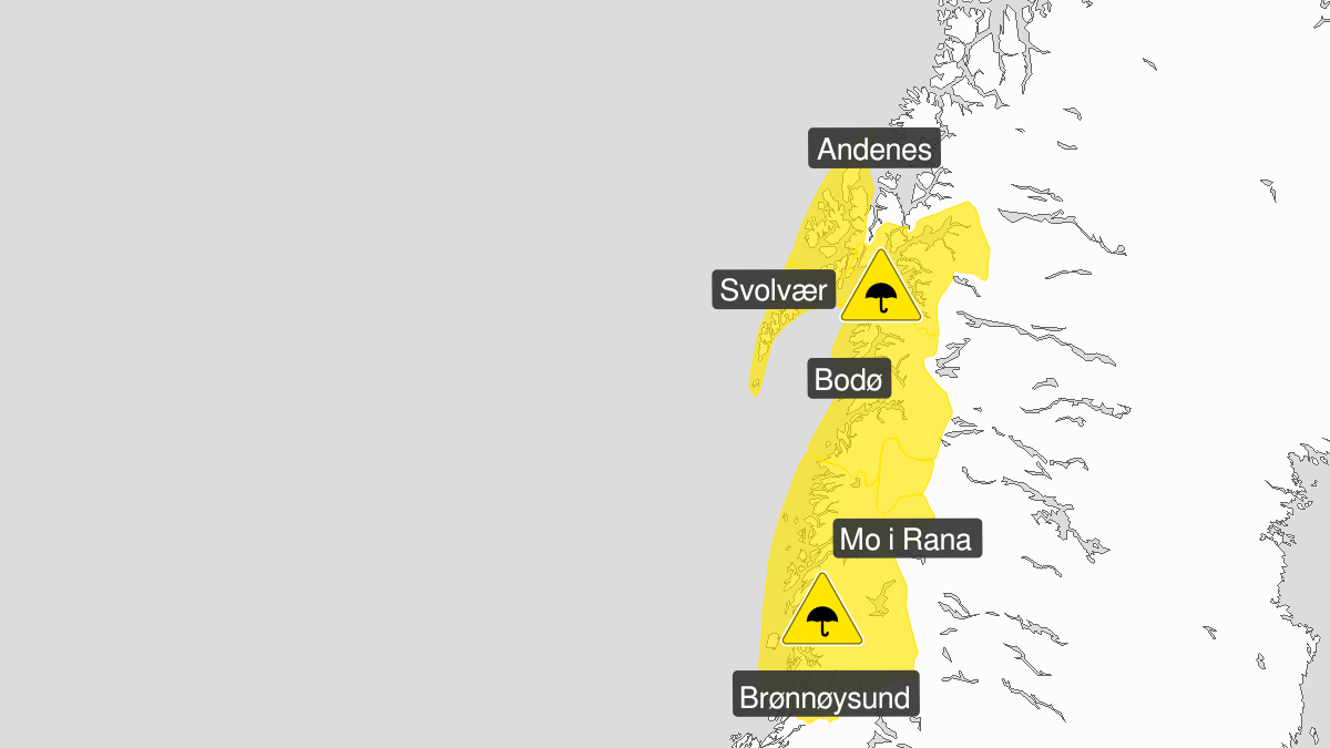 Map of heavy rain, yellow level, Nordland, 18 September 00:00 UTC to 19 September 00:00 UTC.