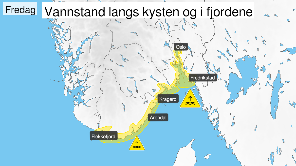 Kart over Høy vannstand, gult nivå, Oslofjorden, Kysten av Vestfold og Telemark, Kysten av Agder, 2024-02-23T10:00:00+00:00, 2024-02-23T14:00:00+00:00