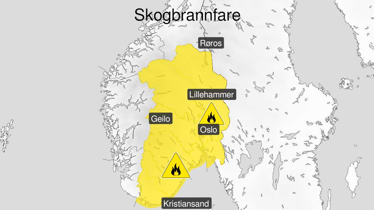 Map of forest fire danger, yellow level, Oestafjells, 02 April 08:00 UTC to 04 April 06:00 UTC.