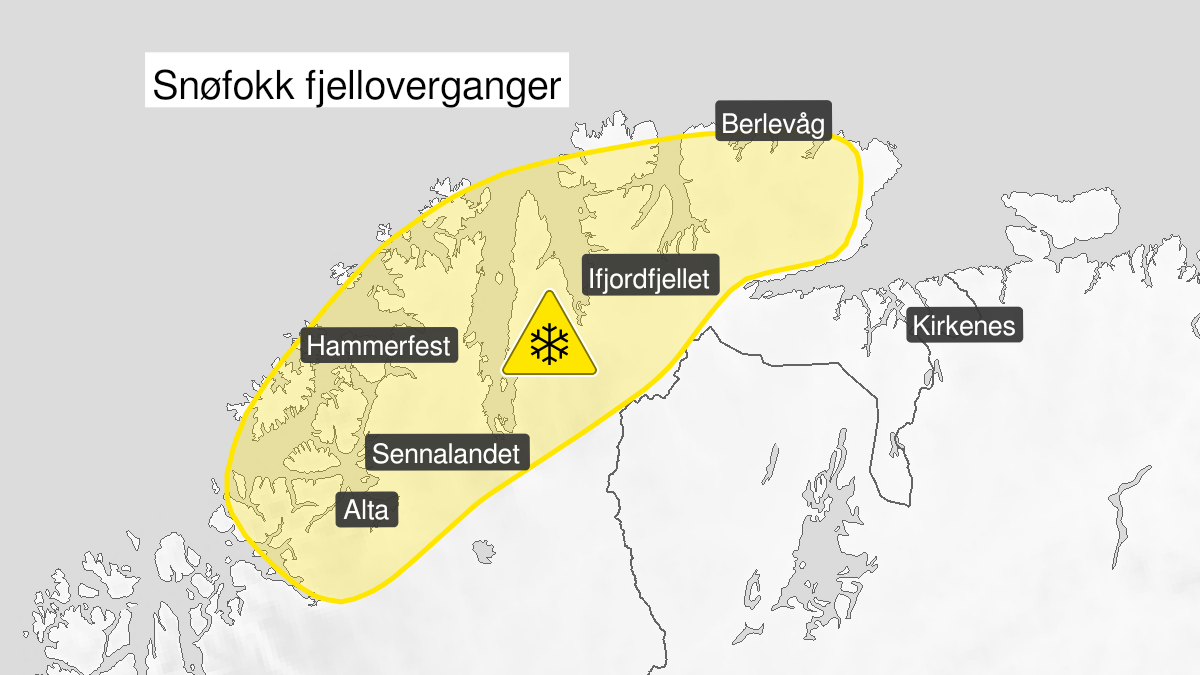Map of blowing snow, yellow level, Kyst- and fjordstroekene i Finnmark, 06 April 09:00 UTC to 06 April 21:00 UTC.