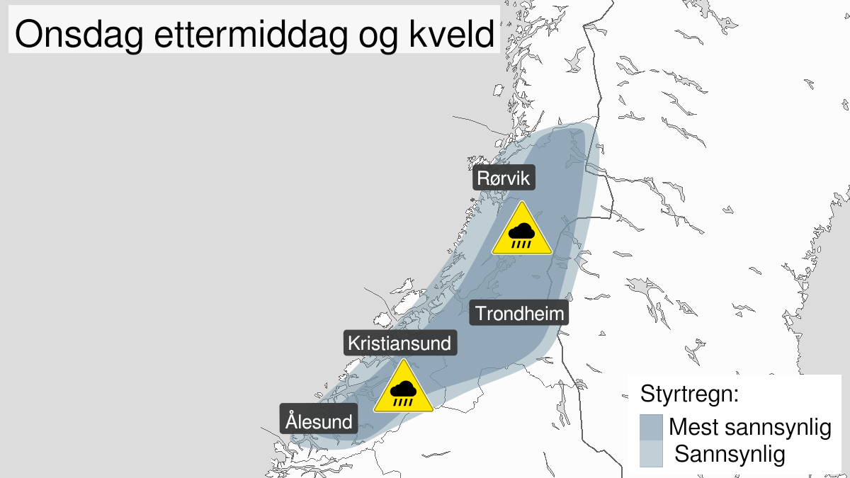Kart over styrtregn, gult nivå, Møre og Romsdal og Trøndelag, 07 July 11:00 UTC til 07 July 22:00 UTC.