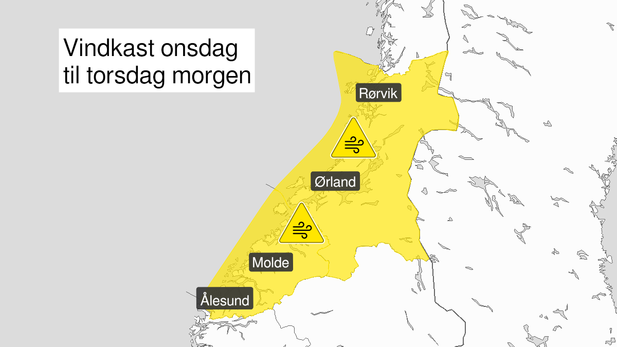 Kart over kraftige vindkast, gult nivå, Møre og Romsdal og Trøndelag, 12 January 06:00 UTC til 13 January 09:00 UTC.