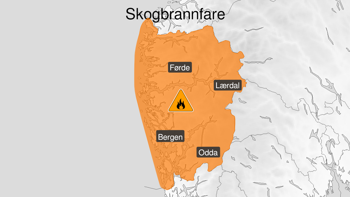 Map over High forest fire danger, orange level, Vestland, 2024-05-20T07:45:00+00:00, 2024-05-26T18:00:00+00:00