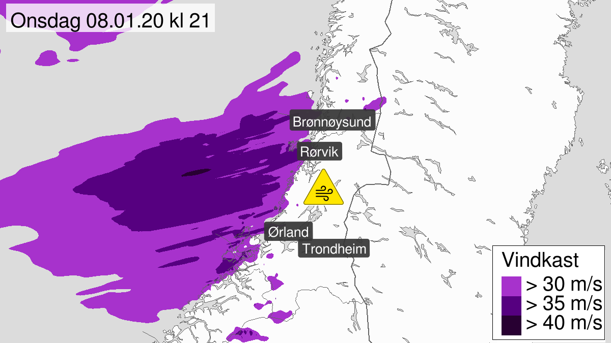 Kraftige vindkast, gult nivå, Trøndelag og Helgeland, 08 January 14:00 UTC til 09 January 07:00 UTC.