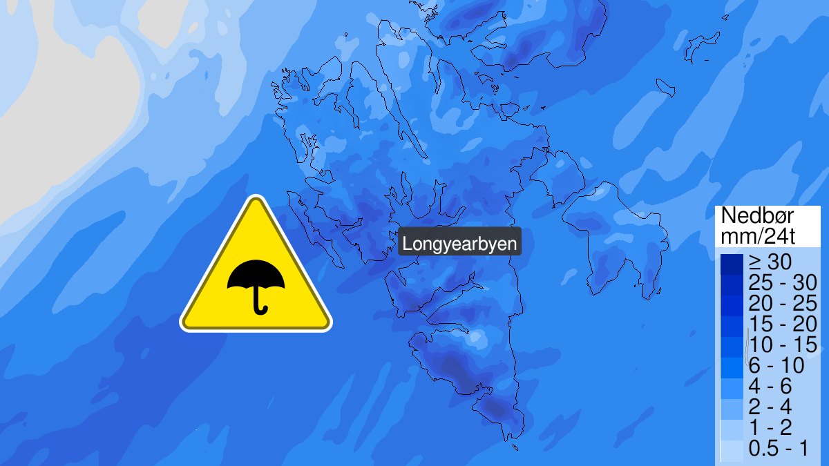 Map over Heavy rain, yellow level, Nordenskiöld Land at Spitsbergen, 2024-09-06T00:00:00+00:00, 2024-09-06T18:00:00+00:00