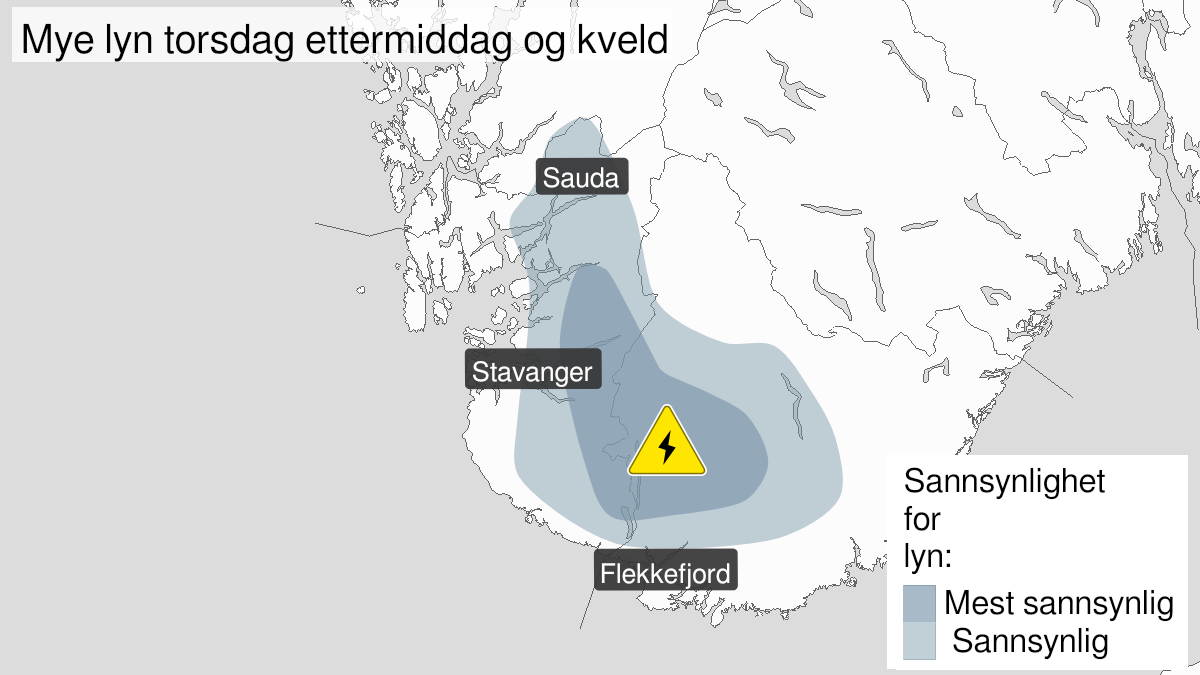 Kart over Mye lyn, gult nivå, Deler av Agder og Rogaland, 2023-06-15T13:00:00+00:00, 2023-06-15T20:00:00+00:00