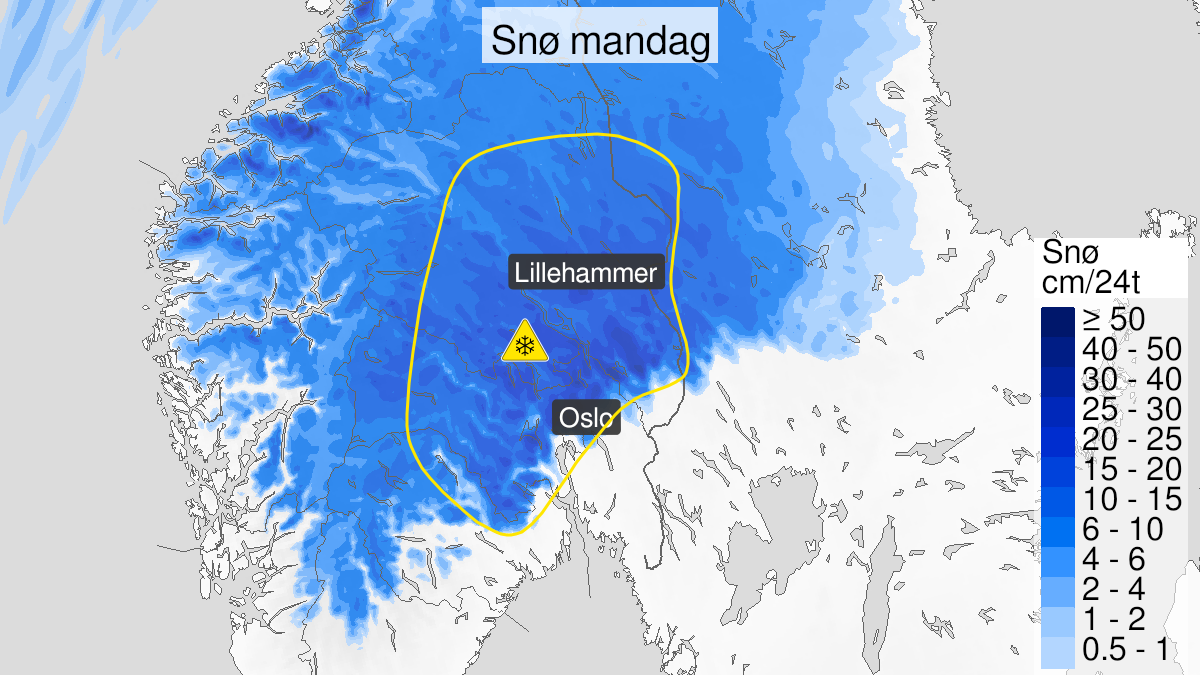 Kart over Snø, gult nivå, Deler av Østlandet, 2023-04-24T06:00:00+00:00, 2023-04-24T22:00:00+00:00