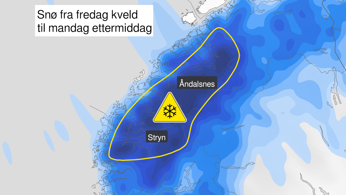 Map of snow ongoing, yellow level, Nordfjord and Moere and Romsdal, 08 April 16:00 UTC to 11 April 12:00 UTC.
