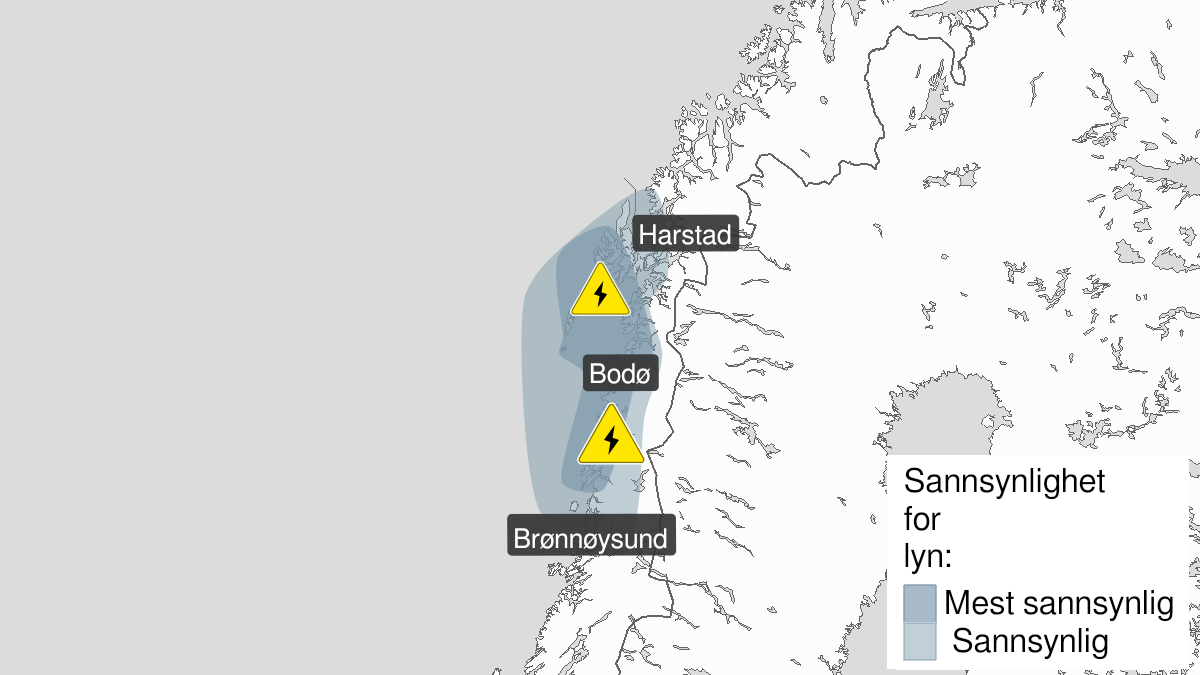 Kart over mye lyn, gult nivå, Nordland og Sør-Troms, 13 January 06:00 UTC til 14 January 11:00 UTC.