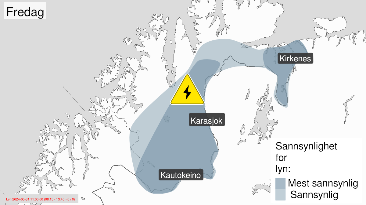 Kart over Mye lyn pågår, gult nivå, Indre strøk av Finnmark, 2024-05-31T07:00:00+00:00, 2024-05-31T16:00:00+00:00