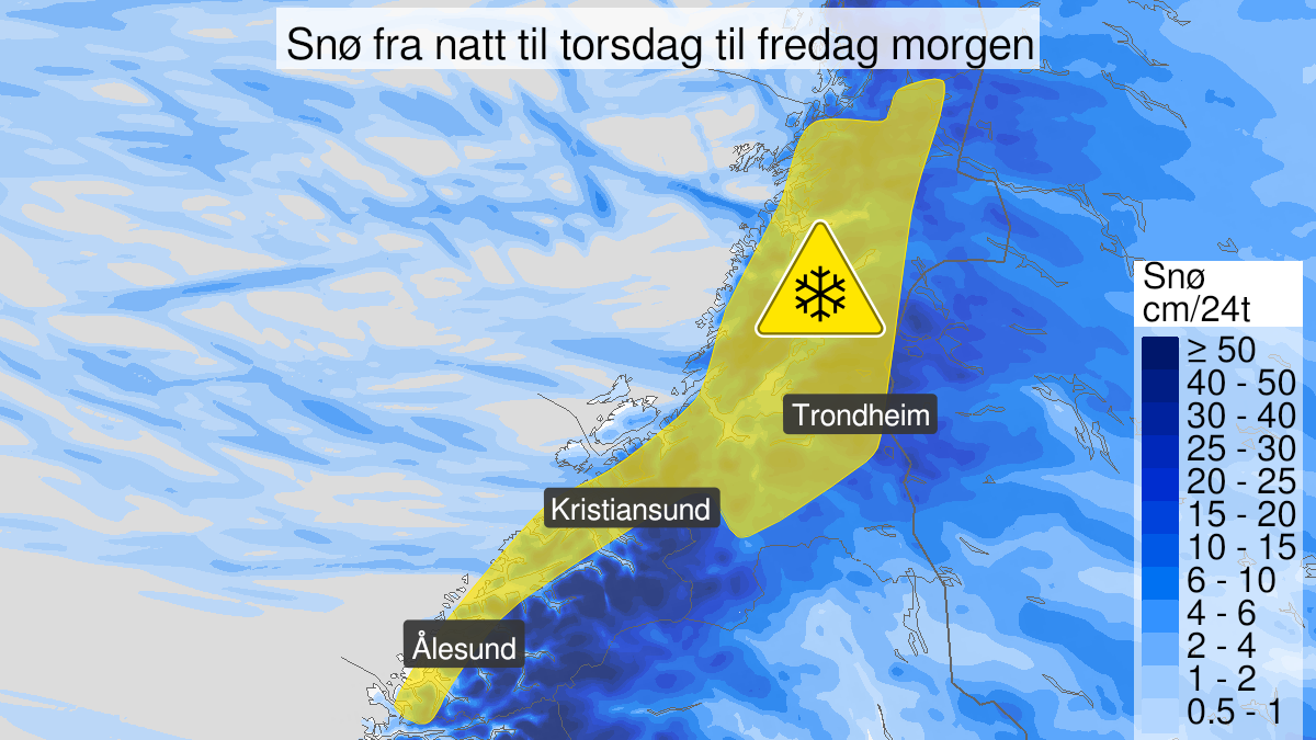 Kart over Snø, gult nivå, Deler av Møre og Romsdal og Trøndelag, 2023-11-22T23:00:00+00:00, 2023-11-24T06:00:00+00:00