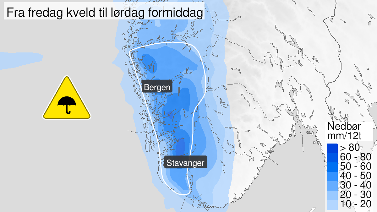 Map of heavy rain, yellow level, Rogaland and Hordaland, 28 January 20:00 UTC to 29 January 08:00 UTC.