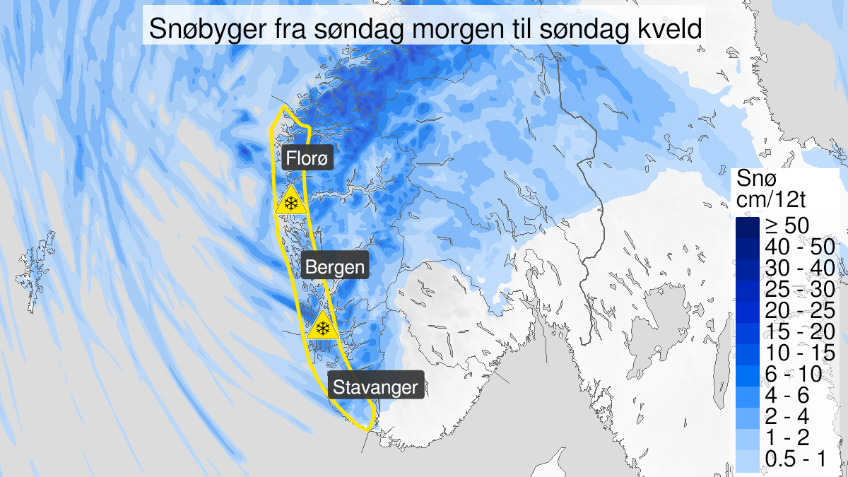 Kart over Snø, gult nivå, Ytre strøk av Vestlandet sør for Stad, 2024-01-14T03:00:00+00:00, 2024-01-14T18:00:00+00:00