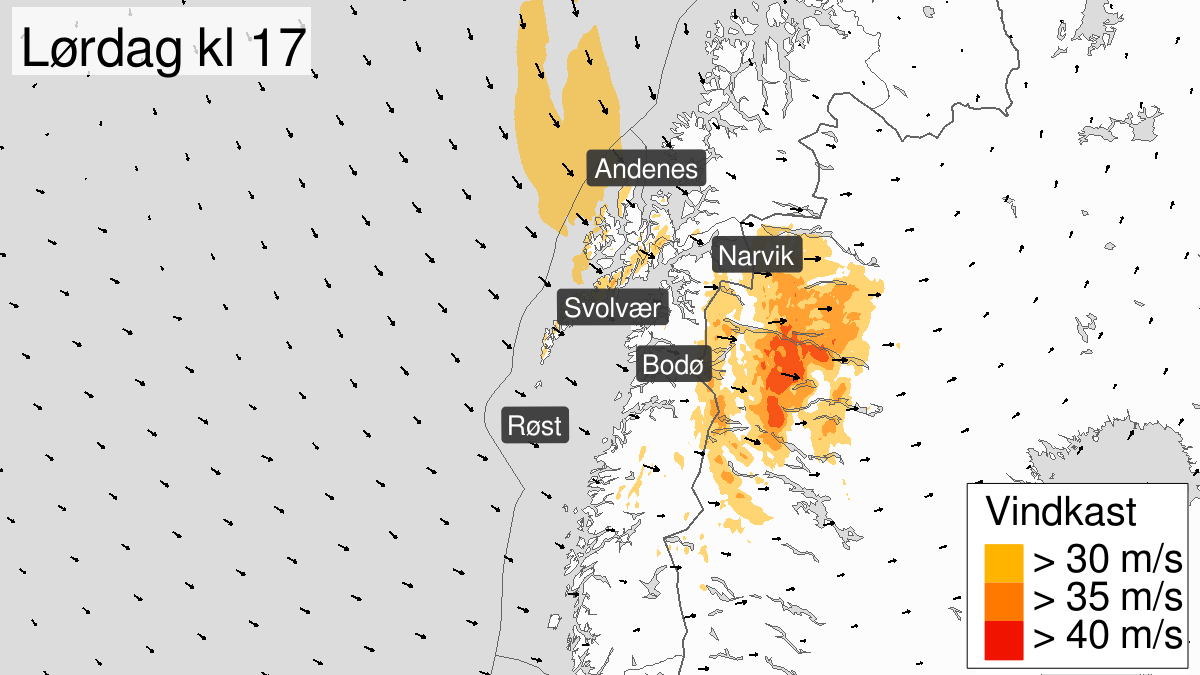 Kraftige vindkast pågår, gult nivå, Saltfjellet, Salten, Lofoten, Ofoten og Vesterålen, 16 February 14:00 UTC til 16 February 17:00 UTC.