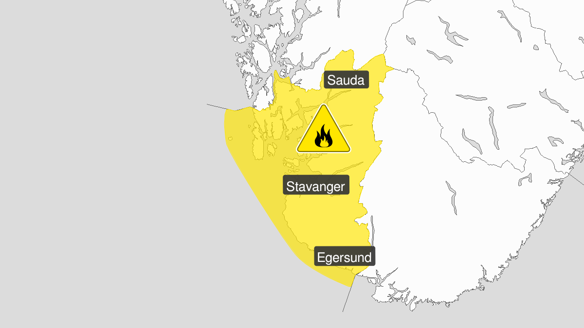 Map of forest fire danger expected, yellow level, Rogaland, 08 September 08:00 UTC to 10 September 12:00 UTC.