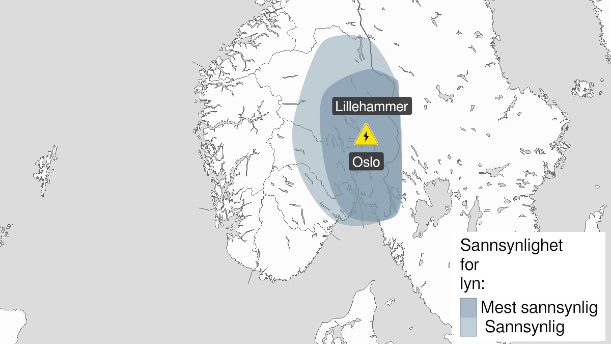 Kart over Mye lyn pågår, gult nivå, Deler av Østlandet, 2022-08-15T15:35:00+00:00, 2022-08-16T00:00:00+00:00