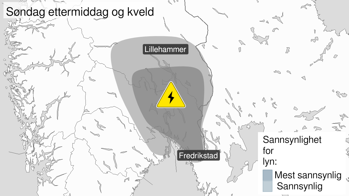 Map over Frequent lightning, yellow level, Parts of the Southeast of Norway, 2022-06-26T10:00:00+00:00, 2022-06-26T22:00:00+00:00