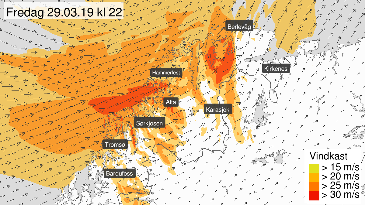 Strong wind gusts, yellow level, Nord-Troms and Kyst- and fjordstroekene i Finnmark, 29 March 13:00 UTC to 30 March 04:00 UTC.