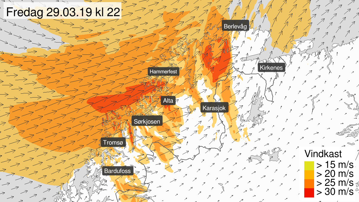 Kraftige vindkast, gult nivå, Nord-Troms og Kyst- og fjordstrøkene i Finnmark, 29 March 13:00 UTC til 30 March 04:00 UTC.