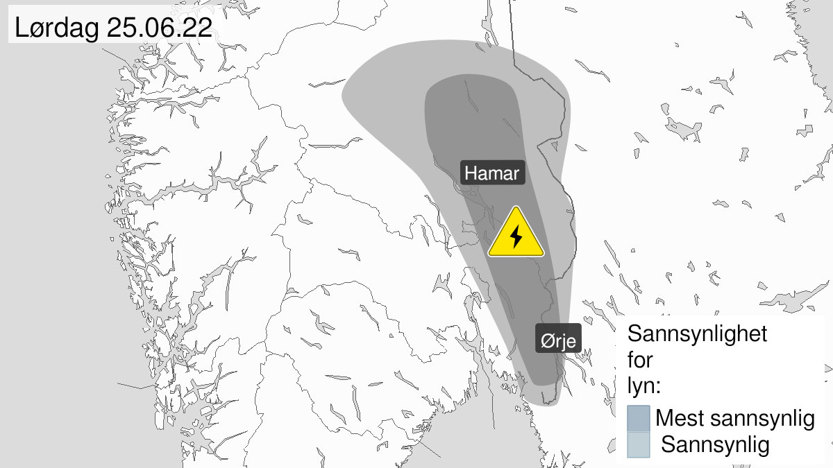 Kart over Mye lyn pågår, gult nivå, Deler av Viken og Innlandet fylke , 2022-06-25T14:30:00+00:00, 2022-06-25T22:00:00+00:00